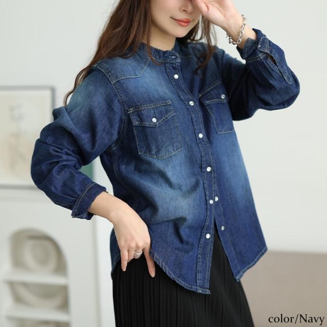 バンドカラーコットンデニムシャツ