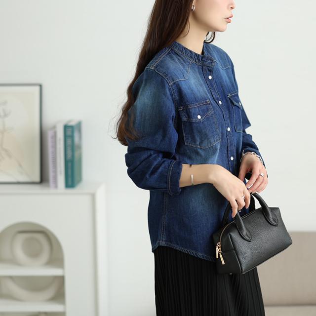 バンドカラーコットンデニムシャツ