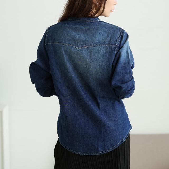 バンドカラーコットンデニムシャツ