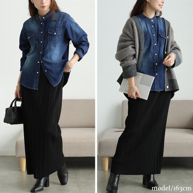 バンドカラーコットンデニムシャツ