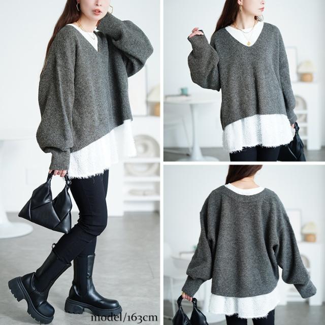 Vネッククロップドニット＆フリンジペプラムチュニック2点セット