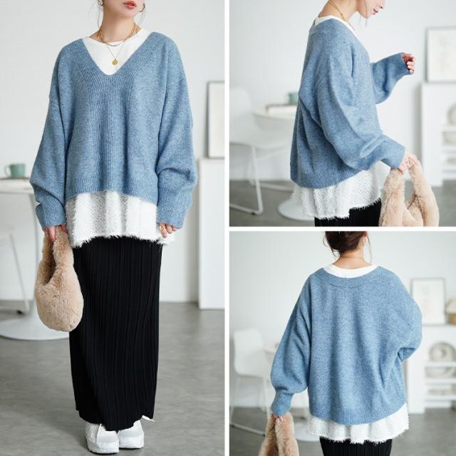 Vネッククロップドニット＆フリンジペプラムチュニック2点セット