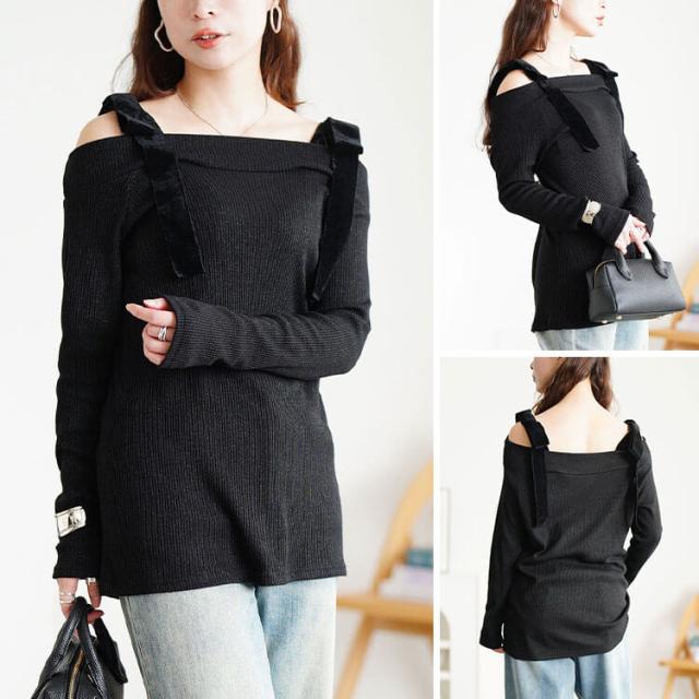 ベロアリボンオフショルラメリブニット