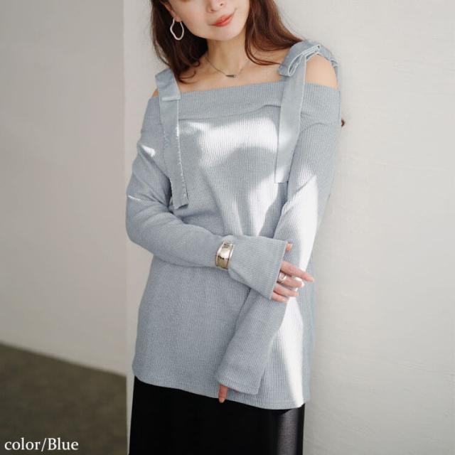 ベロアリボンオフショルラメリブニット