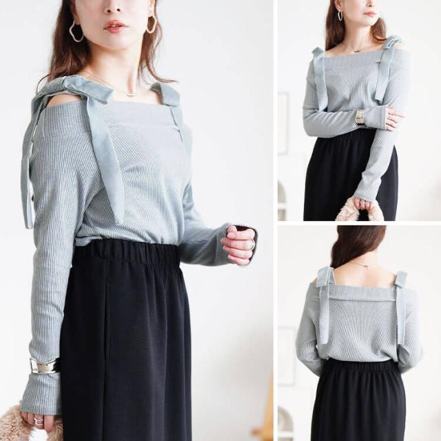 ベロアリボンオフショルラメリブニット