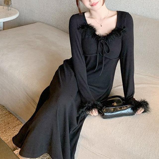 ハートネック&ファー付きリブニットロングワンピース