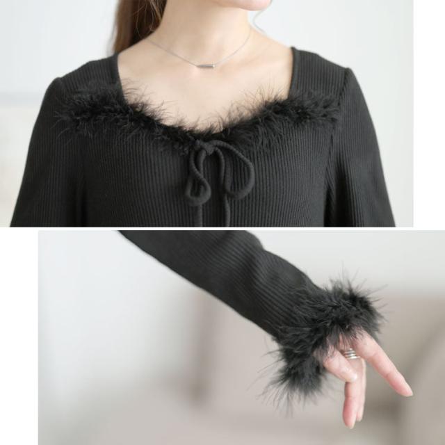 ハートネック&ファー付きリブニットロングワンピース