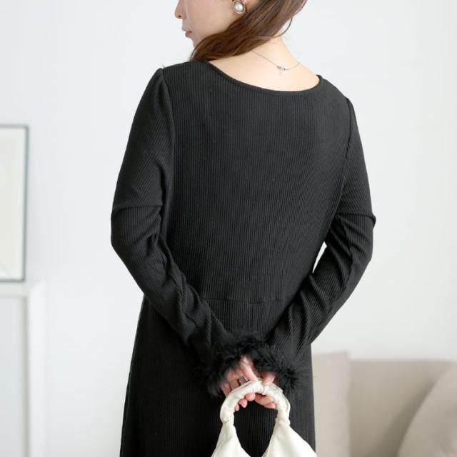 ハートネック&ファー付きリブニットロングワンピース