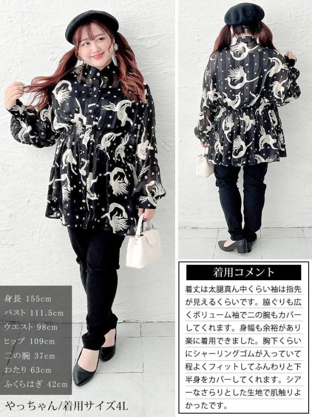 アート柄シャーリングペプラムシアーシャツ