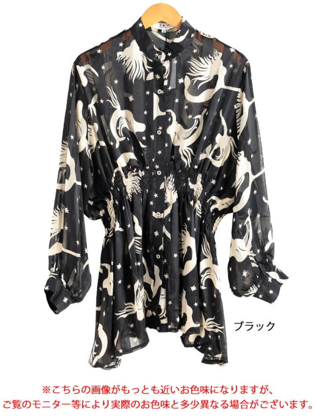 アート柄シャーリングペプラムシアーシャツ