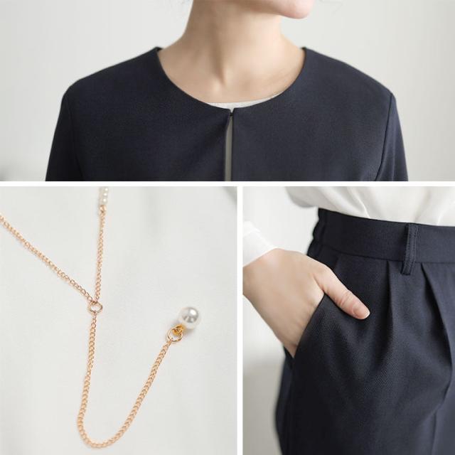 ペプラムジャケット＆テーパードパンツ＆ネックレス付きブラウス3点セット