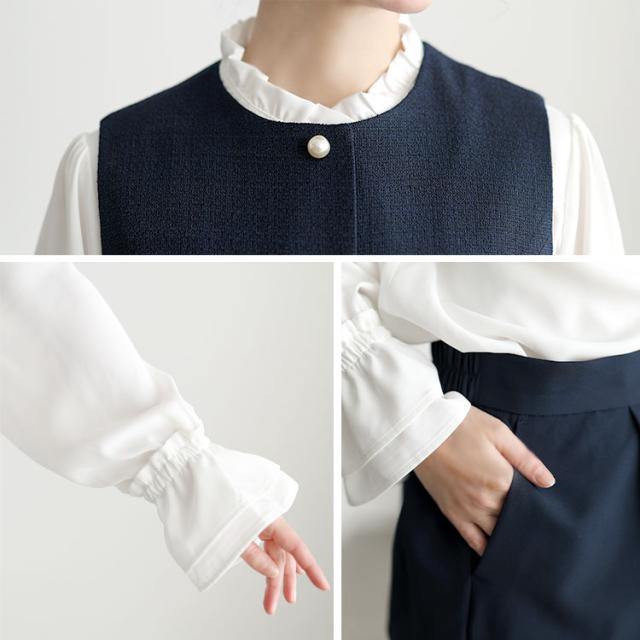 ツイードペプラムベスト＆テーパードパンツ＆キャンディスリーブブラウス3点セット