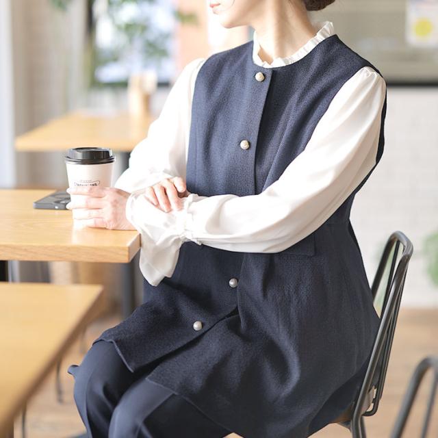 ツイードペプラムベスト＆テーパードパンツ＆キャンディスリーブブラウス3点セット