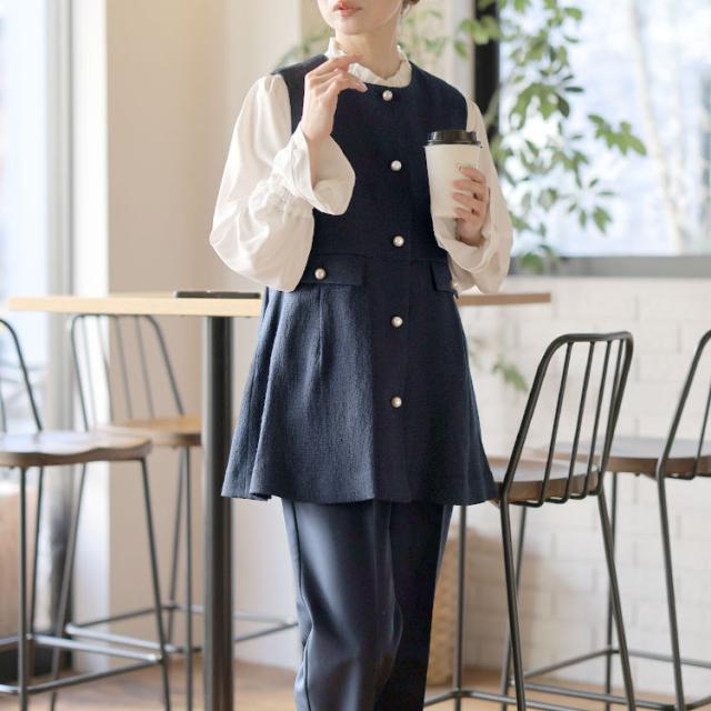 ツイードペプラムベスト＆テーパードパンツ＆キャンディスリーブブラウス3点セット