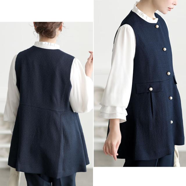 ツイードペプラムベスト＆テーパードパンツ＆キャンディスリーブブラウス3点セット