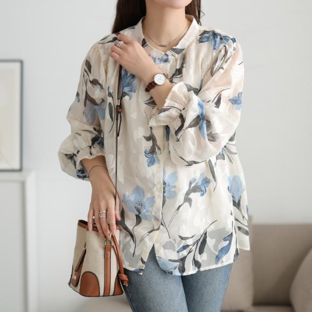 シアー花柄キャンディスリーブブラウス