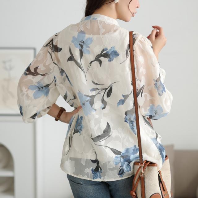 シアー花柄キャンディスリーブブラウス