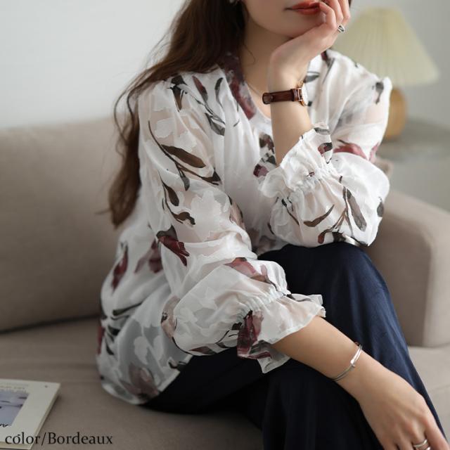 シアー花柄キャンディスリーブブラウス