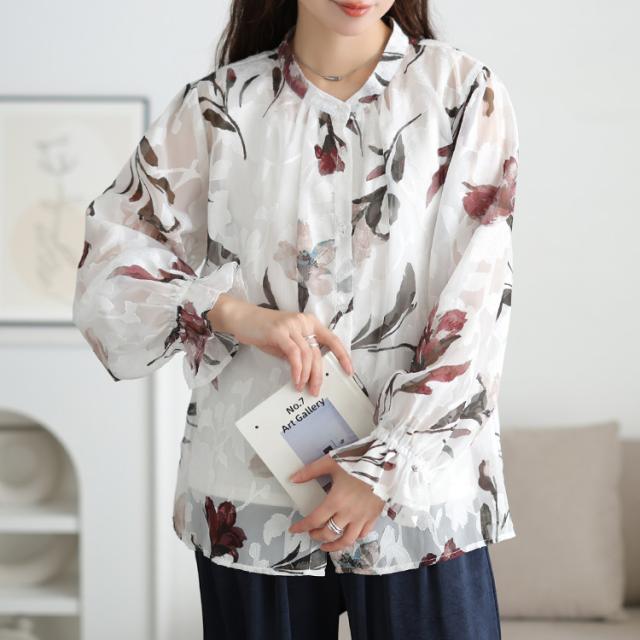 シアー花柄キャンディスリーブブラウス