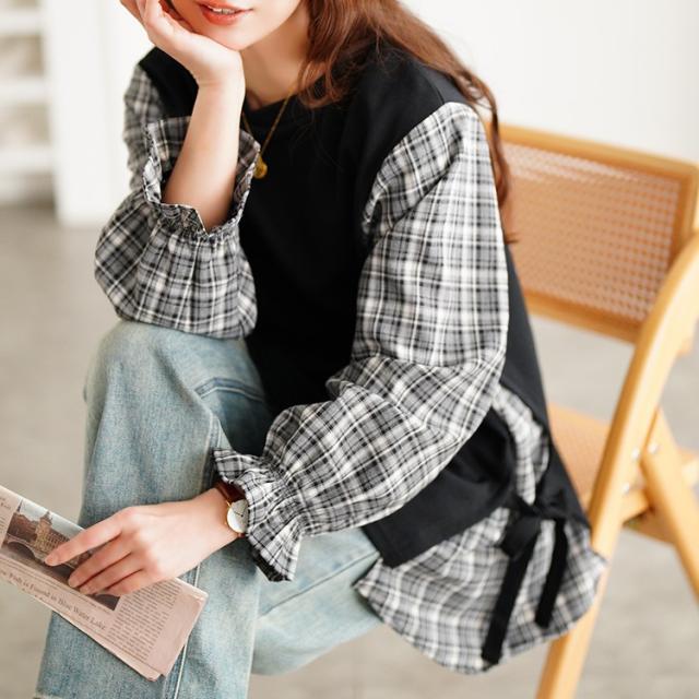 サイドリボン重ね着風キャンディ袖トップス