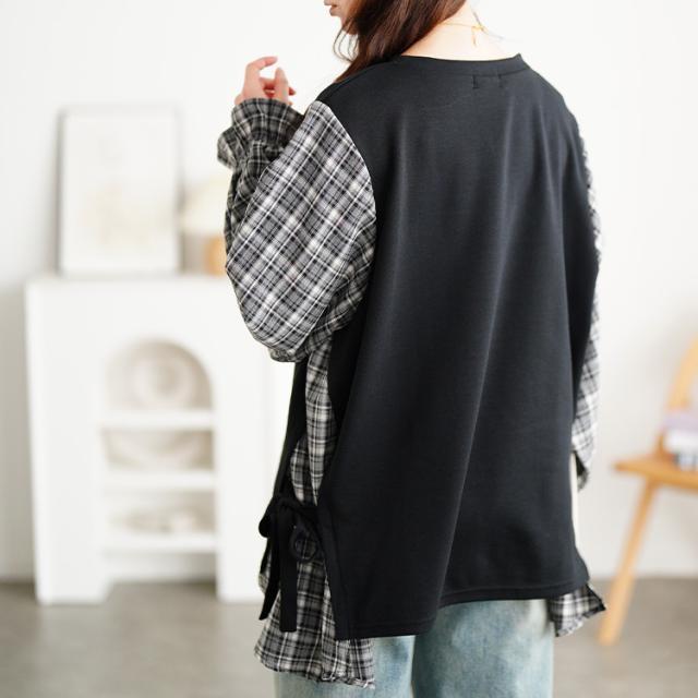 サイドリボン重ね着風キャンディ袖トップス