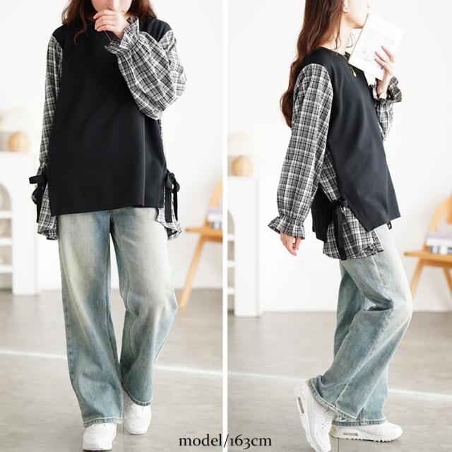 サイドリボン重ね着風キャンディ袖トップス