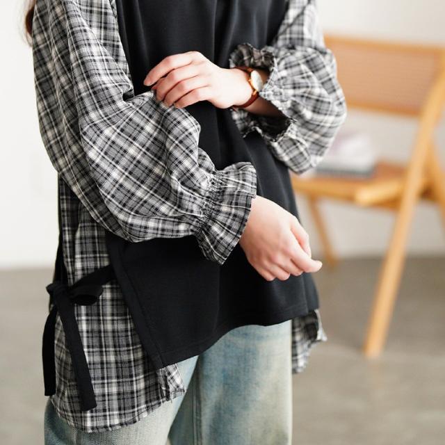 サイドリボン重ね着風キャンディ袖トップス