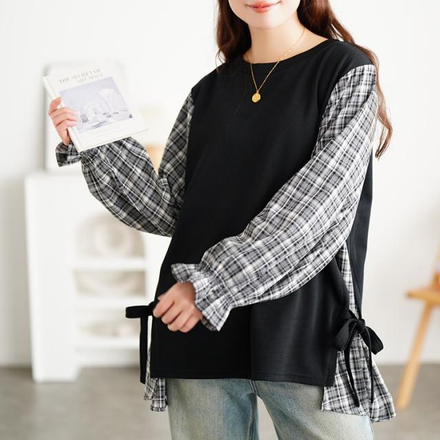 サイドリボン重ね着風キャンディ袖トップス