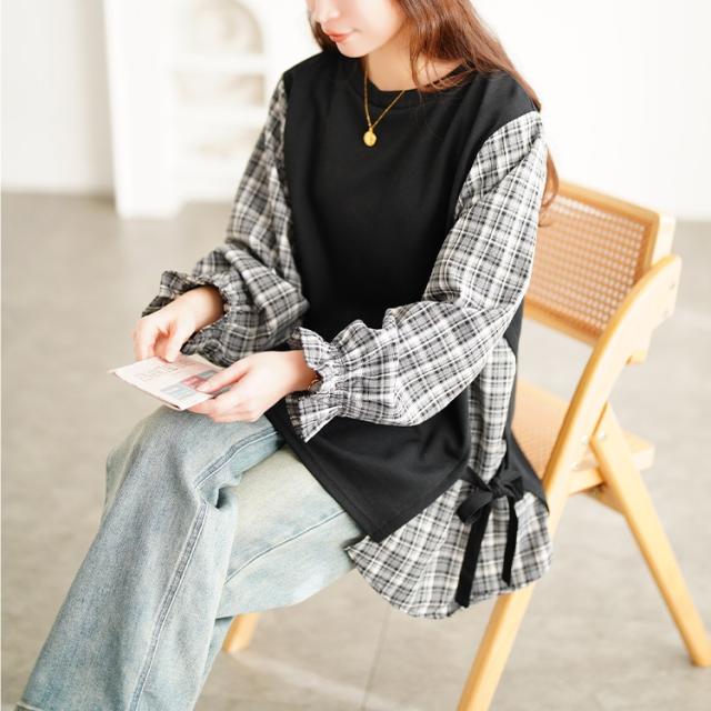 サイドリボン重ね着風キャンディ袖トップス
