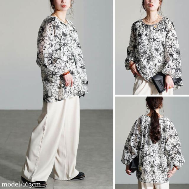 フロッキー花柄オーガンジーギャザーブラウス