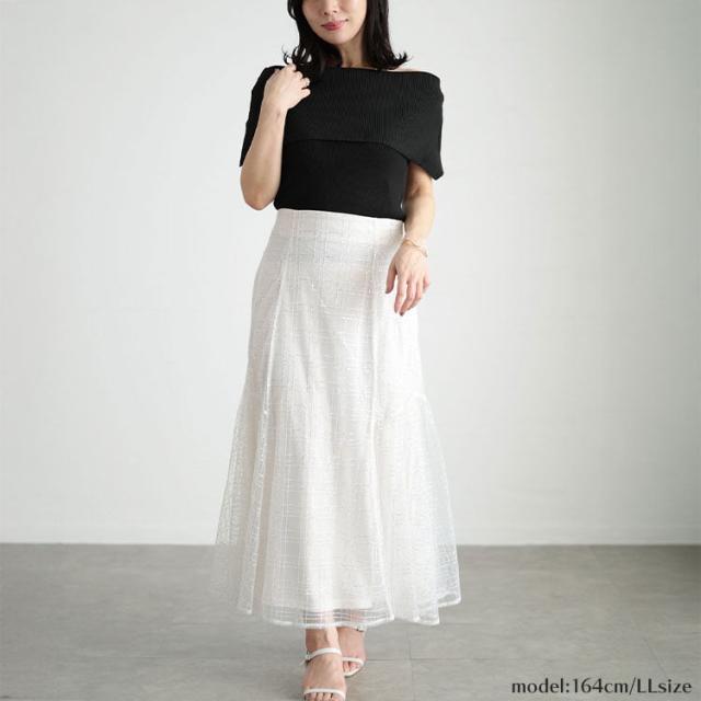 スパンコールチュールチェックフレアスカート