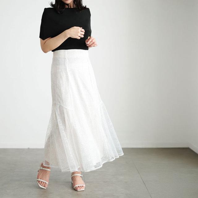 スパンコールチュールチェックフレアスカート