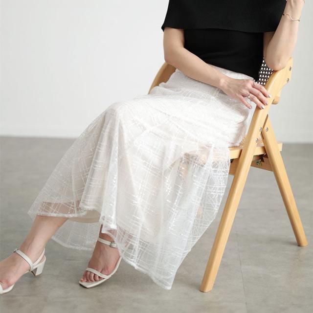 スパンコールチュールチェックフレアスカート