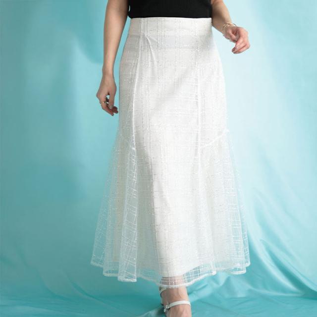 スパンコールチュールチェックフレアスカート