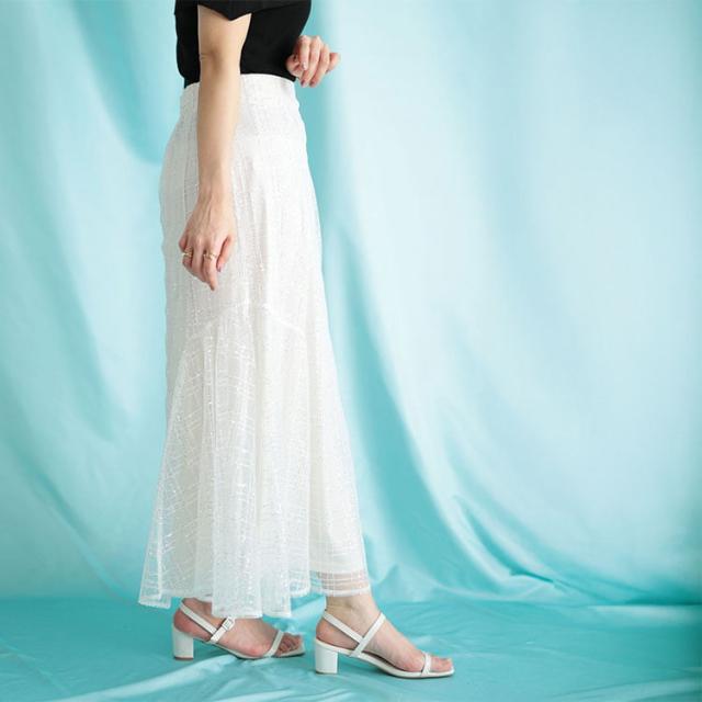 スパンコールチュールチェックフレアスカート