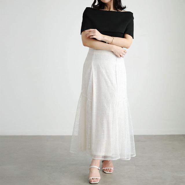 スパンコールチュールチェックフレアスカート