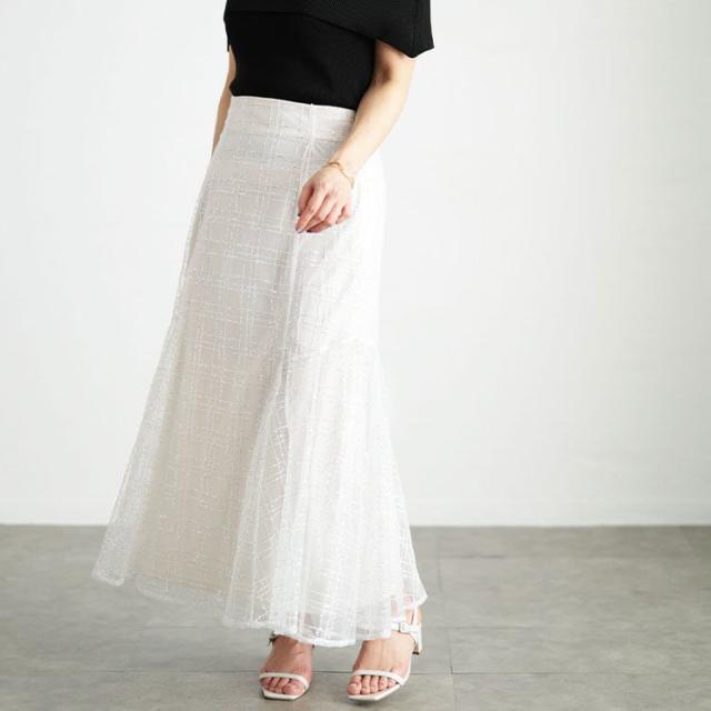 スパンコールチュールチェックフレアスカート