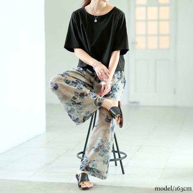 ぼかし花柄シフォンワイドパンツ
