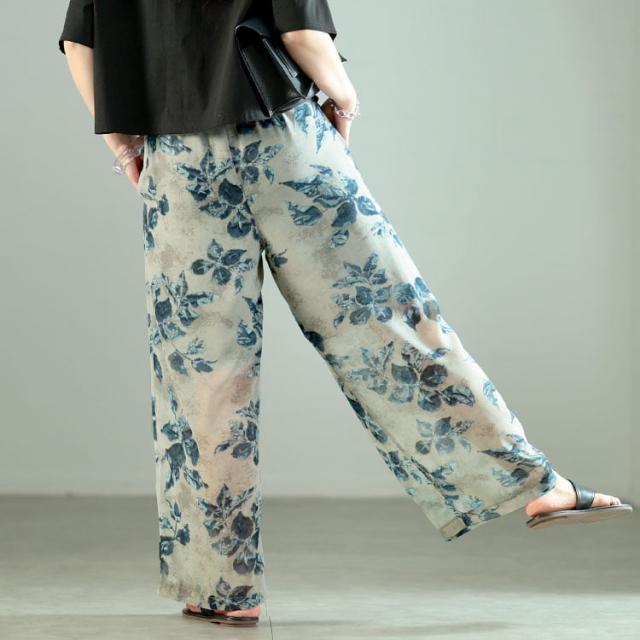 ぼかし花柄シフォンワイドパンツ