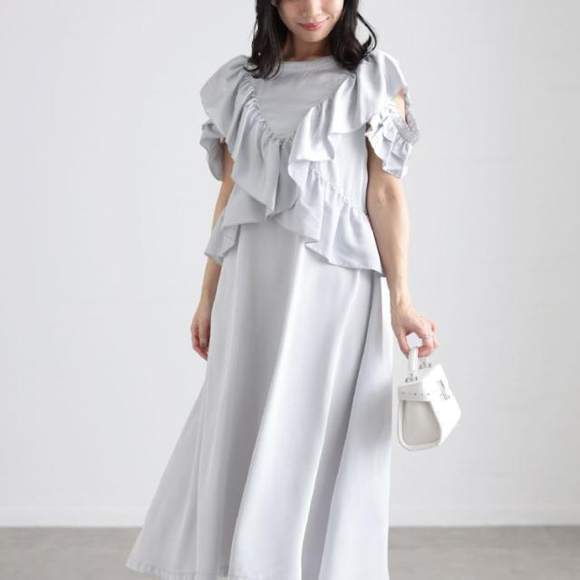 前後2wayサテンフリルワンピース