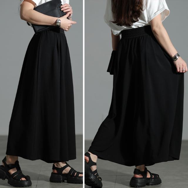 冷感デザインウエストワイドフレアパンツ