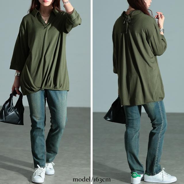 後ろレースアップ裾タックプルオーバー