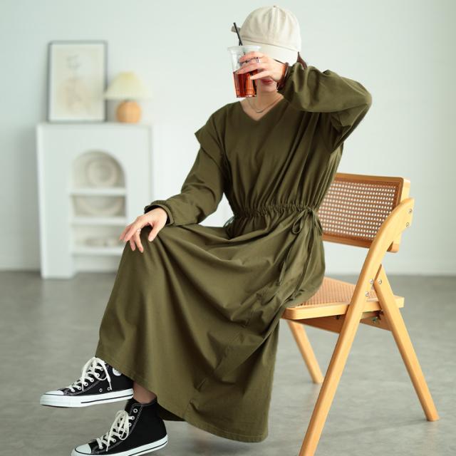 タックショルダーコットンワンピース