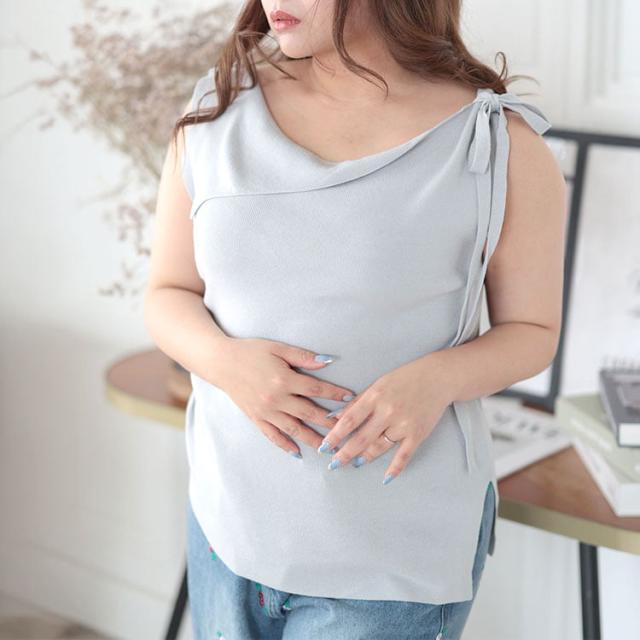 肩リボンアシンメトリーニットトップス