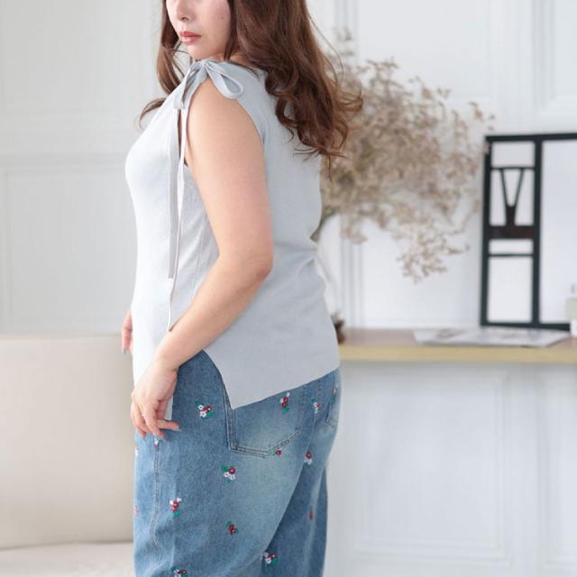 肩リボンアシンメトリーニットトップス