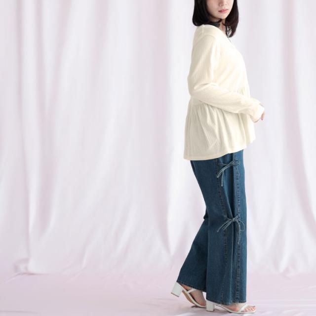 小花パンチングリブ切替ペプラムVネックカーディガン