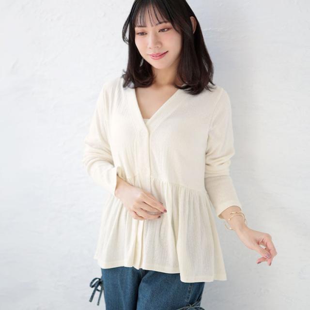 小花パンチングリブ切替ペプラムVネックカーディガン