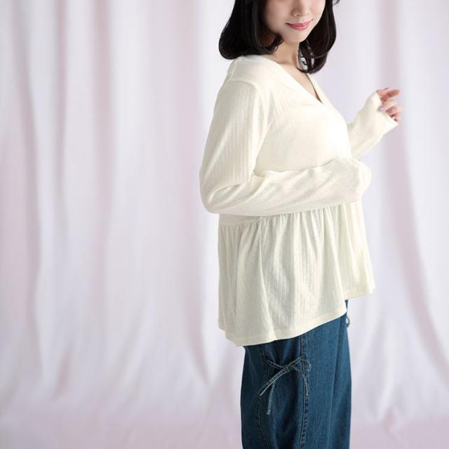 小花パンチングリブ切替ペプラムVネックカーディガン