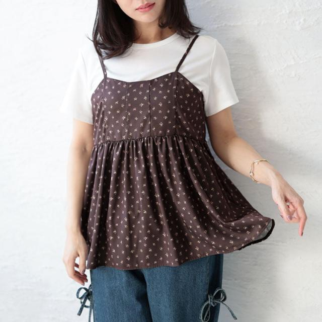 小花柄バックシャーリングビスチェチュニック