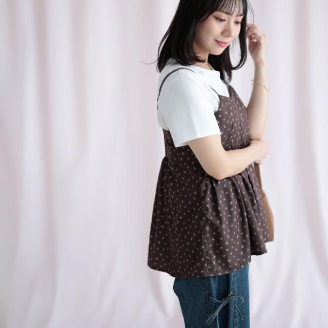 小花柄バックシャーリングビスチェチュニック
